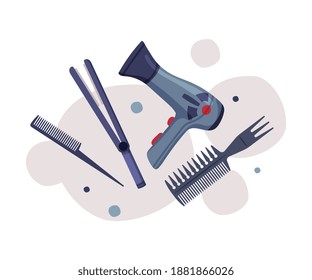 Friseur-Set, Friseur-Zubehör für den Styling Professional Haarschnitt, Haartrockner, Comb, Kurbel-Eisen-Cartoon-Vektorgrafik