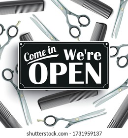 Hairdresser tools with the sign We're open.  Eps 10 vector file.