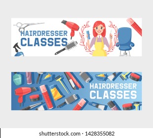 Hairdresser tools vector pattern haircutter woman character professional hairdressing accessories scissors hairbrush barber equipment in beauty salon background illustration backdrop.