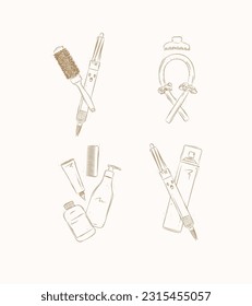 Hairdresser treatment tools composition drawing on brown background