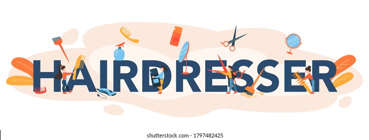 Hairdresser typographic header concept. Idea of hair care in salon. Scissors and brush, shampoo and haircut process. Hair treatment and styling. Isolated vector illustration