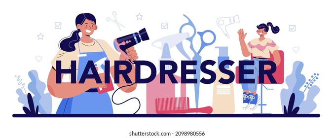 Hairdresser typographic header. Idea of hair care in salon. Scissors and brush, shampoo and haircut process. Hair coloring and styling. Isolated vector illustration