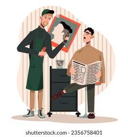 Hairdresser in uniform and apron holding comb and razor, standing near client. Man visit barbershop. Barber career, work with client concept. Flat vector illustration in cartoon style