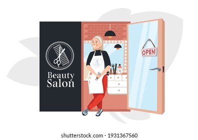 hairdresser in uniform holding scissors modern beauty salon horizontal full length vector illustration