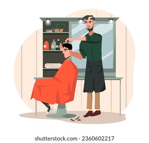 Hairdresser in uniform standing near man and cut hair, making new haircut. Professional make fashionable modern hairstyles. Flat vector illustration in red and brown colors