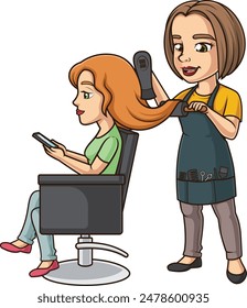 Hairdresser using hair dryer vector illustration