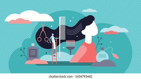 Hairdresser vector illustration. Flat tiny hair cut occupation person concept. Fashion saloon work with models. Professional service job equipment for beautiful style. Abstract retro or vintage banner