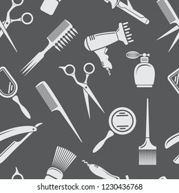 Hairdresser vector seamless pattern, barbershop and beauty background of isolated element. Salon and barber collection on dark backdrop.