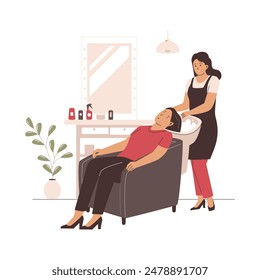 Hairdresser washing hair illustration. Illustration for websites, landing pages, mobile apps, posters and banners. Trendy flat vector illustration