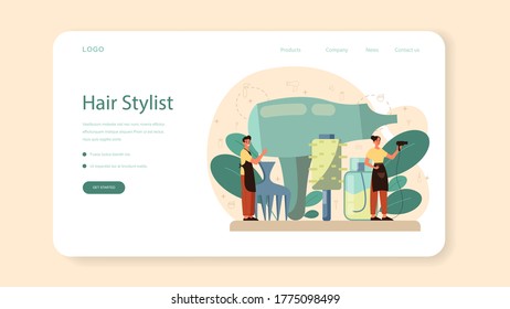 Hairdresser web banner or landing page. Idea of hair care in salon. Scissors and brush, shampoo and haircut process. Hair treatment and styling. Isolated vector illustration