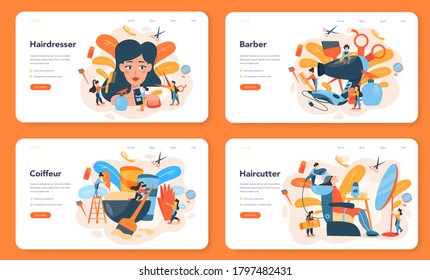 Hairdresser web banner or landing page set. Idea of hair care in salon. Scissors and brush, shampoo and haircut process. Hair treatment and styling. Isolated vector illustration