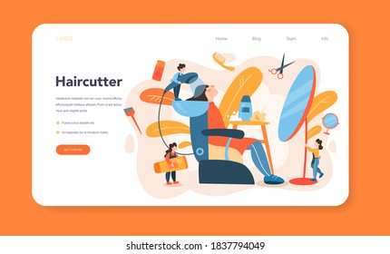 Hairdresser web banner or landing page. Idea of hair care in salon. Scissors and brush, shampoo and haircut process. Hair treatment and styling. Isolated vector illustration