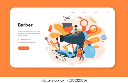 Hairdresser web banner or landing page. Idea of hair care in salon. Scissors and brush, shampoo and haircut process. Hair treatment and styling. Isolated vector illustration