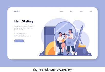 Hairdresser web banner or landing page. Idea of hair care in salon. Scissors and brush, shampoo and haircut process. Hair coloring and styling. Isolated vector illustration