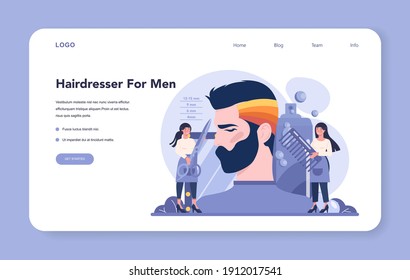 Hairdresser web banner or landing page. Idea of men hair and beard care. Scissors and brush, shampoo and haircut process. Hair dressing and styling. Isolated flat illustration