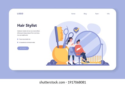 Hairdresser web banner or landing page. Idea of men hair and beard care. Scissors and brush, shampoo and haircut process. Hair dressing and styling. Isolated flat illustration