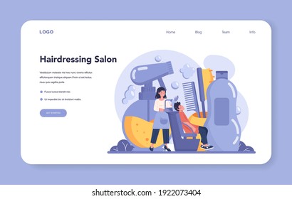 Hairdresser web banner or landing page. Idea of men hair and beard care. Scissors and brush, shampoo and haircut process. Hair dressing and styling. Isolated flat illustration