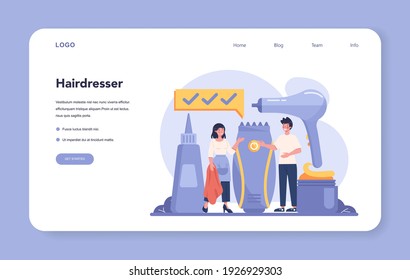 Hairdresser web banner or landing page. Idea of men hair and beard care. Scissors and brush, shampoo and haircut process. Hair dressing and styling. Isolated flat illustration