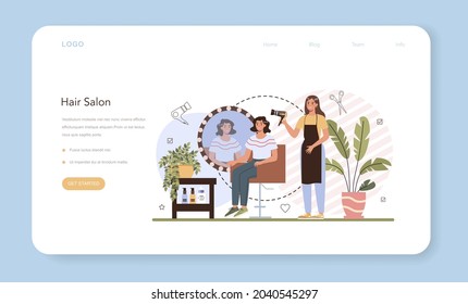 Hairdresser web banner or landing page. Idea of hair care in salon. Scissors and brush, shampoo and haircut process. Hair coloring and styling. Isolated vector illustration