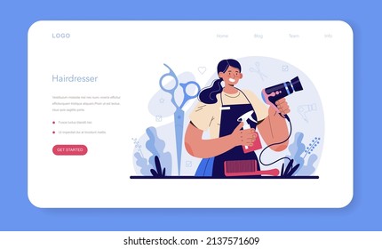 Hairdresser web banner or landing page. Idea of hair care in salon. Scissors and brush, shampoo and haircut process. Hair coloring and styling. Isolated vector illustration