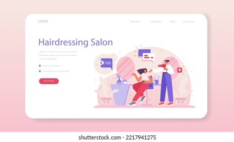 Hairdresser web banner or landing page. Idea of hair care in salon with professional equipment, shampoo and treatment. Barber doing hair coloring and styling. Flat vector illustration