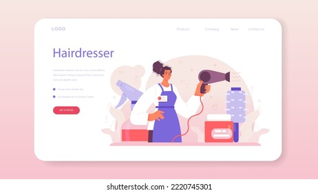 Banner web o página de aterrizaje de la peluquería. Idea de cuidado del pelo en salón con equipo profesional, champú y tratamiento. Barber haciendo coloreo y estilismo de pelo. Ilustración vectorial plana