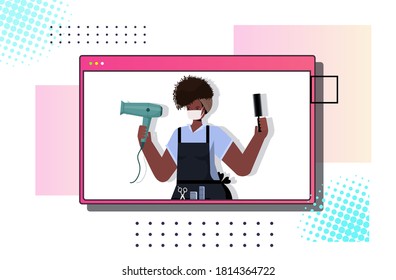 hairdresser in web browser window wearing mask to prevent coronavirus pandemic self isolation online communication concept horizontal portrait vector illustration