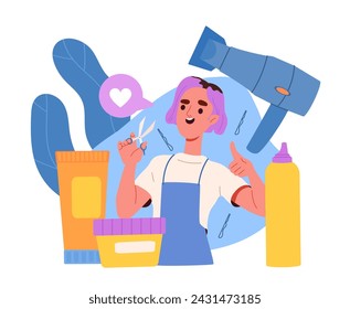 Hairdresser woman concept. Young girl with scissors and hairdryer. Beauty, elegance and aesthetics. Worker of barbershop. Cartoon flat vector illustration isolated on white background