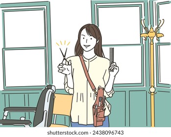 Hairdresser woman looking at camera with haircut scissors