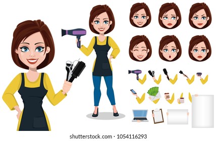 Hairdresser woman in professional uniform. Beautiful lady stylist cartoon character creation set, pack of body parts, emotions, tools and other stuff. Vector illustration 