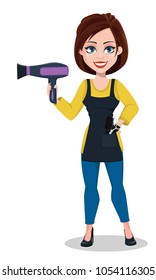 Hairdresser woman in professional uniform. Beautiful lady stylist cartoon character holds hairdryer. Vector illustration on white background. 