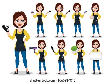 Hairdresser woman in professional uniform, set. Beautiful lady stylist cartoon character. Vector illustration on white background.