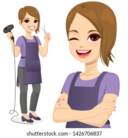 Hairdresser Woman Standing Holding Hairdryer And Scissors And With Arms Crossed Winking