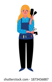 Hairdresser woman. Young smiling woman hairdresser cartoon character. Vector hand-drawn flat illustration.