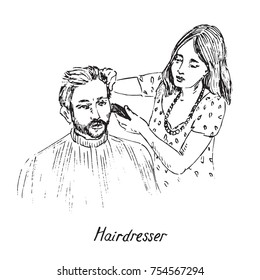 Hairdresser at work, shaving or cutting hair of young man with beard and mustache, hand drawn doodle, sketch in pop art style, black and white vector illustration