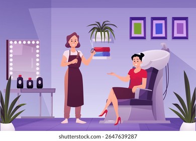 Cabeleireiro trabalhando com o cliente no salão de cabeleireiro. Ilustração plana vetorial. Desenho animado cabeleireiros fazendo corte de cabelo e penteado para a mulher. Salão de beleza, interior de estúdio elegante