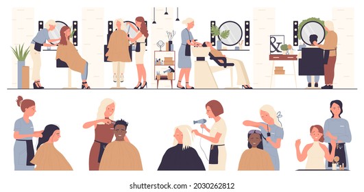 Hairdresser working with people client in beauty salon vector illustration set. Cartoon beautician barber stylist character with scissors or hair dryer making haircut, hairdressing isolated on white