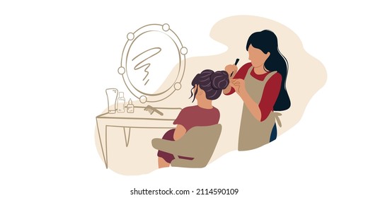 The hairdresser works with the client, makes a hairstyle.
Beauty salon or training courses or master class. Flat vector illustration
and doodle or hand drawn