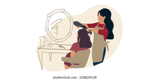 The hairdresser works with the client, styling the hair with a hair dryer.
Beauty salon or training courses or master class. Flat vector illustration
and Doodle style or  Hand drawing.