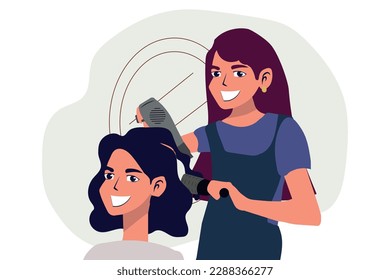 The hairdresser works with the client, styling the hair with a hair dryer. Beauty salon or training courses or master class. Flat vector illustration and Doodle style or Hand drawing