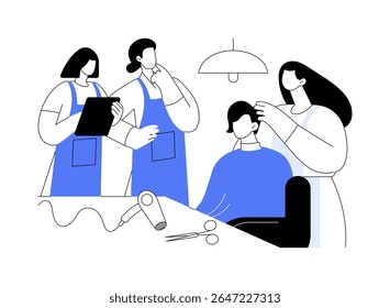 Cabeleireiro oficina isolado desenhos animados vetor ilustrações. Cabeleireiro profissional conduz masterclass para seus alunos, treinamento de pessoal de salão, setor de serviços, indústria de beleza vetor cartoon.