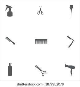 Hairdressers accessories pattern. Barbershop scissors, comb, razor, hairdryer, spray, shampoo, tassel icon black on white background vector illustrations. Hair style subjects icons seamless pattern.