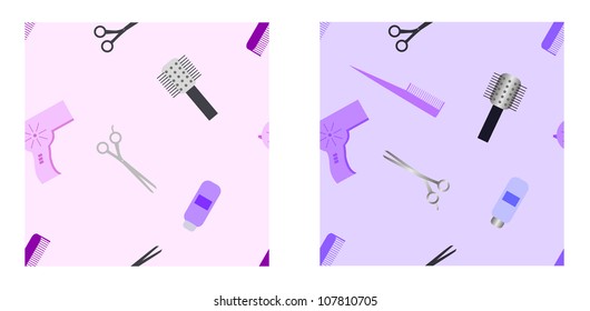 Hairdresser's accessories seamless pattern set. Contains hairdryer, scissors, comb, brushing