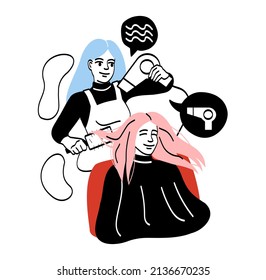Hairdressers and barbers. Blow and dry hair, young girl came for new hairstyle. Character sits on armchair, highquality modern service and care for appearance. Cartoon flat vector illustration