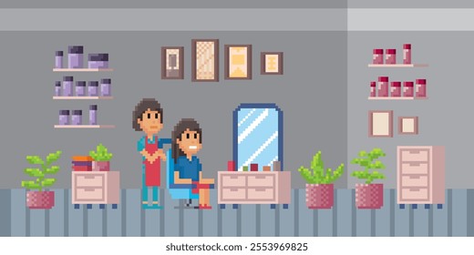 Hairdressers, barbers and customers during hair care, makeover in beauty salon. Pixel art, 80-s style