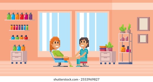 Hairdressers, barbers and customers during hair care, makeover in beauty salon. Pixel art, 80-s style