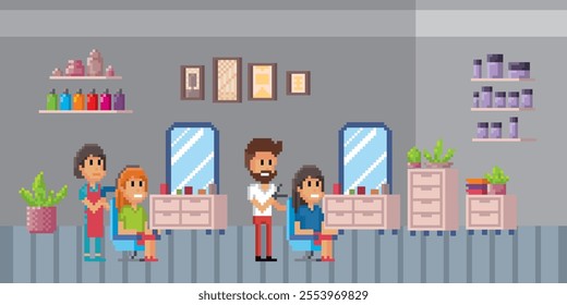 Hairdressers, barbers and customers during hair care, makeover in beauty salon. Pixel art, 80-s style