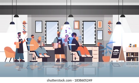 hairdressers barbers in uniform cutting hair of mix race clients trendy haircut concept barbershop interior full length horizontal vector illustration