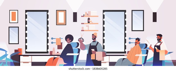 hairdressers barbers in uniform cutting hair of mix race clients trendy haircut concept barbershop interior portrait horizontal vector illustration