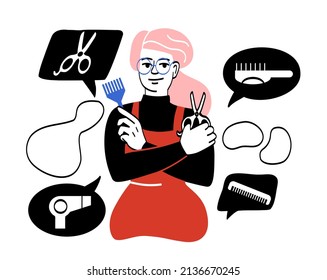 Hairdressers and barbers. Woman shows her equipment for working with hair. Machines for cutting and styling. Master or specialist holding scissors and brush. Cartoon flat vector illustration